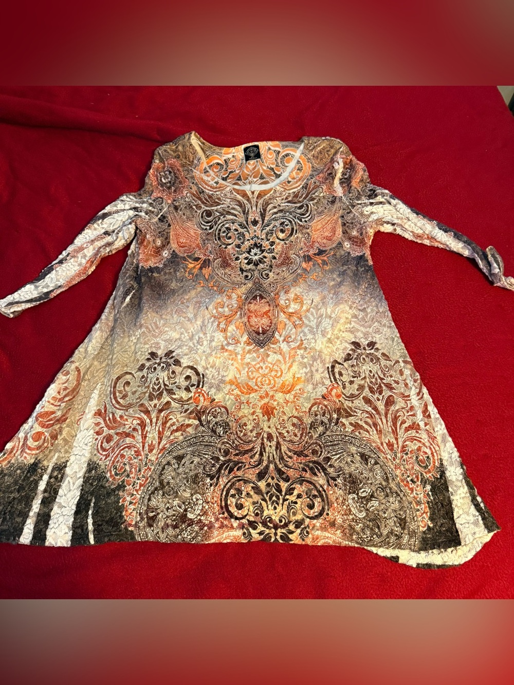 Women's Long Sleeve Printed A-Line Dress in Orange and Brown